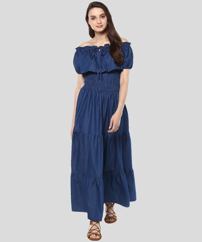 Women's Denim Peasant Styled Maxi Dress - StyleStone