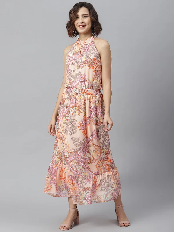 Women's Peach Printed Maxi Dress - StyleStone