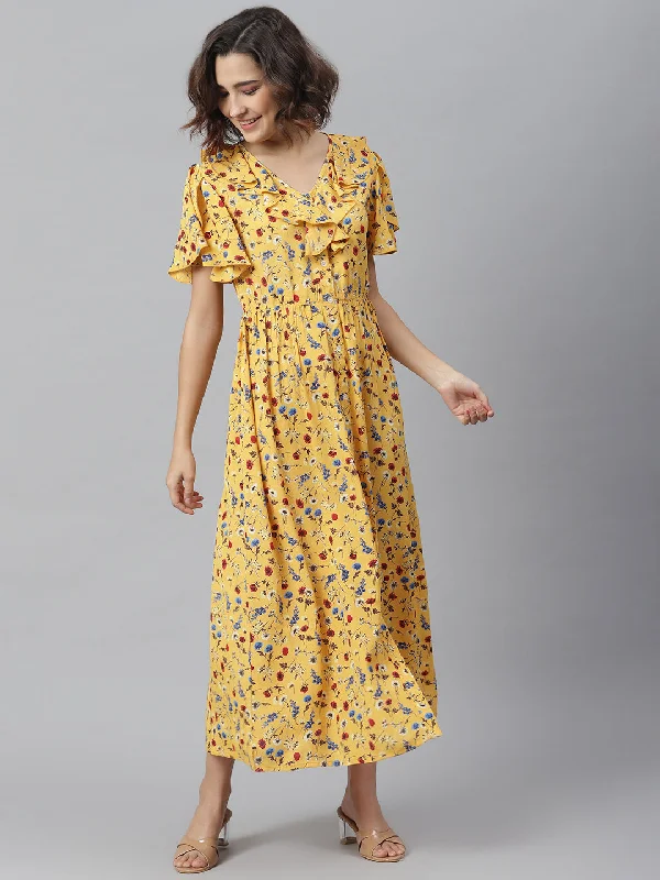 Women's Yellow Floral Maxi Dress - StyleStone