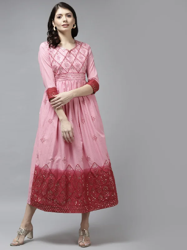 Women's Pink Solid Embroidered Cotton Maxi Dress - Yufta