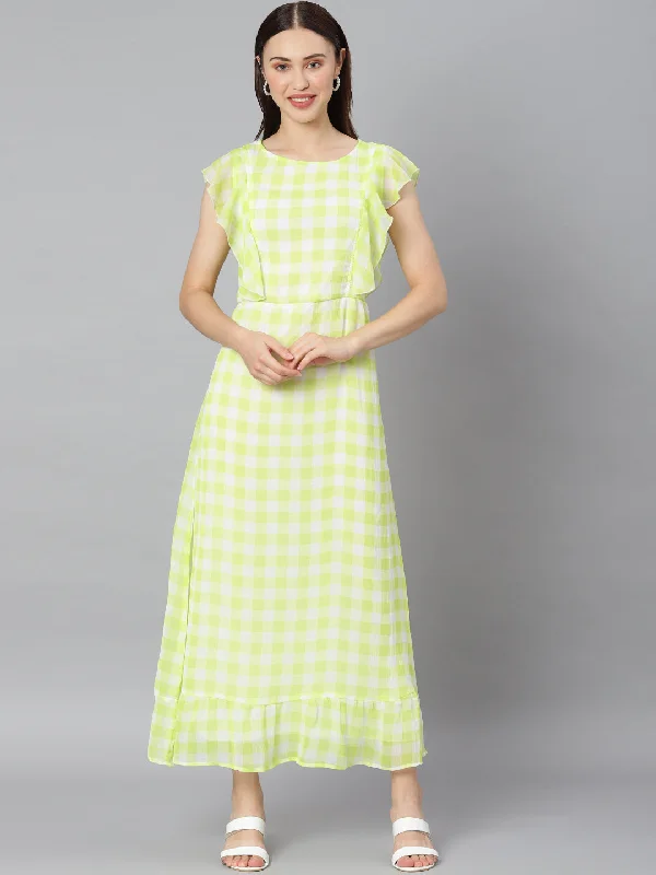 Women's Green Check Polyester Maxi Dress - Stylestone