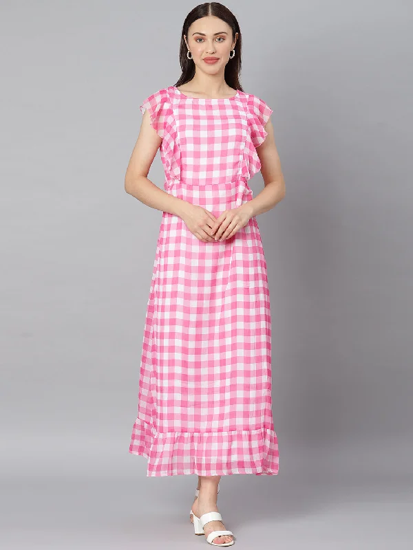 Women's Pink Check Polyester Maxi Dress - Stylestone