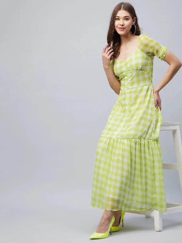 Women's Limegreen Polyester Georgette Checkered Maxi Dress - Stylestone