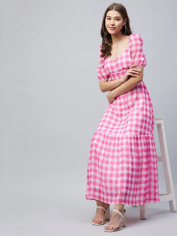 Women's Pink Polyester Georgette Checkered Maxi Dress - Stylestone