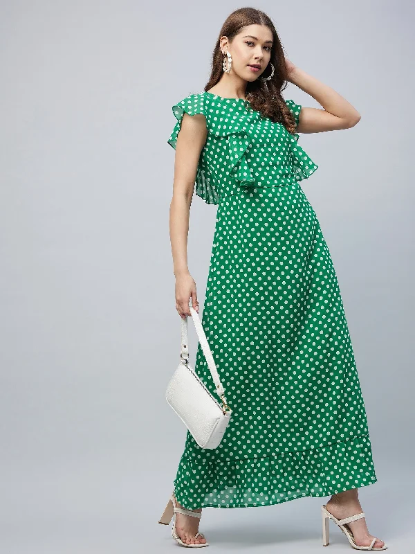 Women's Green Polka Maxi Dress With Flutter Sleeves  - Stylestone