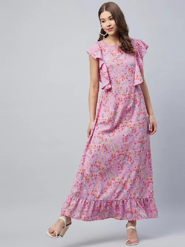 Women's Lavender Floral Maxi Dress With Flutter Sleeves  - Stylestone