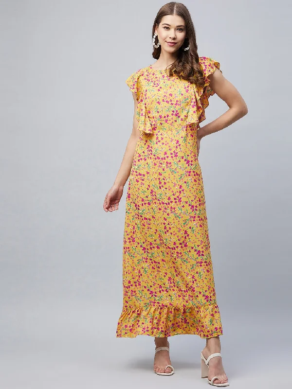 Women's Mustard Floral Maxi Dress With Flutter Sleeves  - Stylestone