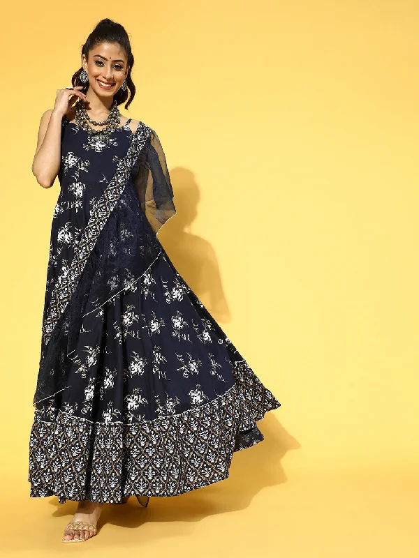 Women's Navy Blue & White Ethnic Motifs Shoulder Straps Ruffles Dupatta Maxi Dress - Yufta