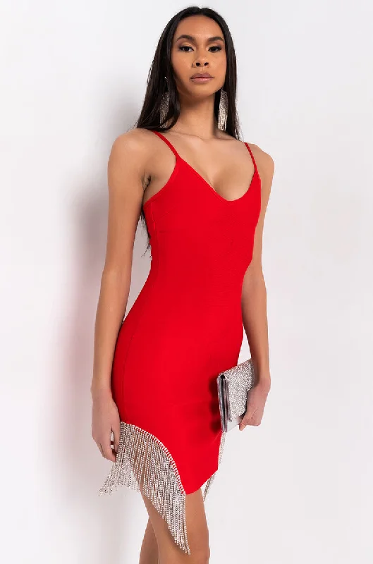 IT'S THE FRINGE FOR ME MINI DRESS WITH FRINGE RHINESTONE TRIM RED