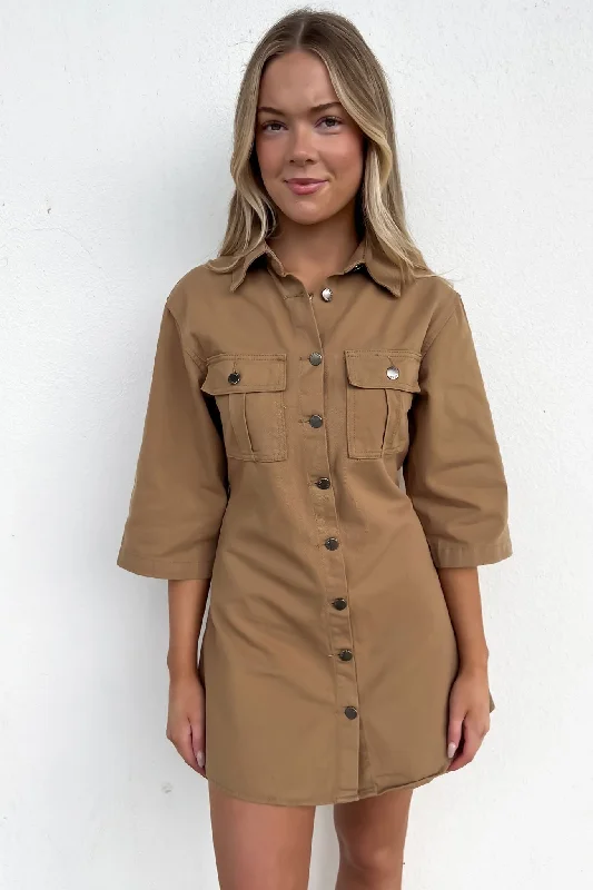 Josie Denim Mini Dress Taupe Elegant Lace-Up Mini Dress