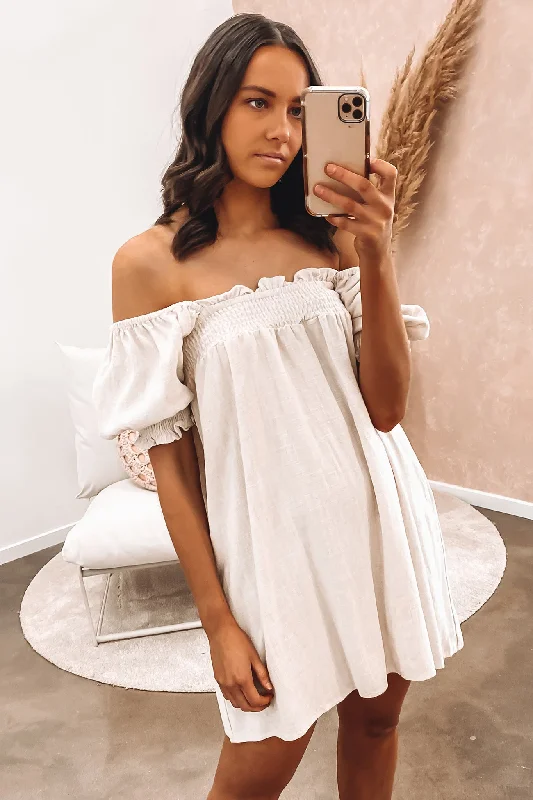 Kaia Mini Dress Beige Trendy Mesh Mini Dress