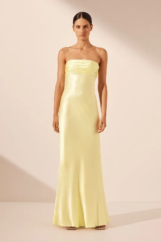 LA LUNE STRAPLESS RUCHED BODICE MAXI DRESS - LEMON Fashionable Maxi Dress with Fringe LA LUNE STRAPLESS RUCHED BODICE MAXI DRESS - LEMON Fashionable Maxi Dress with Fringe