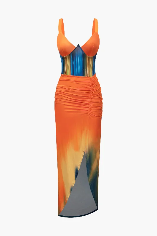 Tie Dye Print V-neck Ruched Maxi Dress