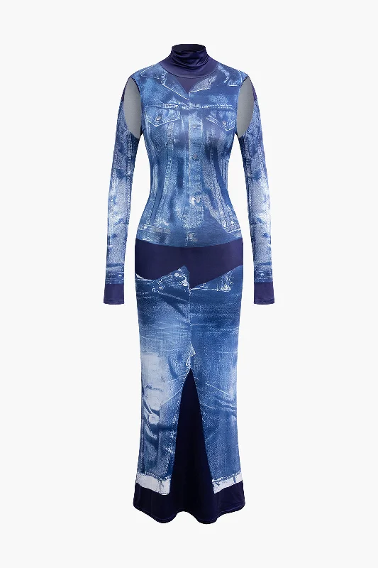 Denim Print Mock Neck Cut Out Long Sleeve Maxi Dress