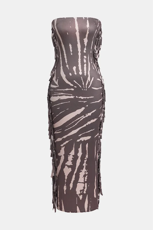 Abstract Print Fringe Strapless Maxi Dress