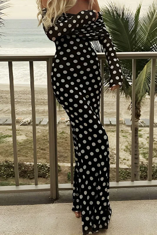 Polka Dot Print Off Shoulder Maxi Dress