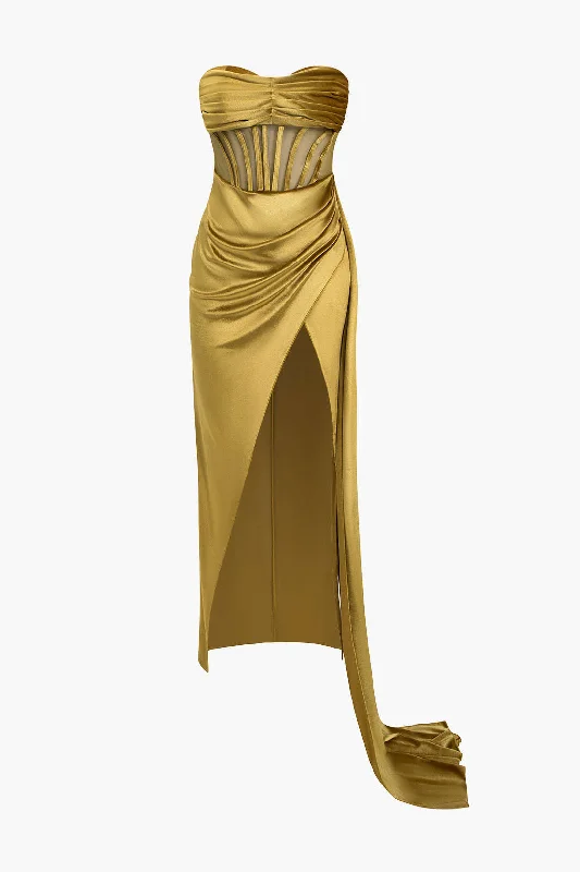 Strapless Ruched Mesh Velvet Maxi Dress