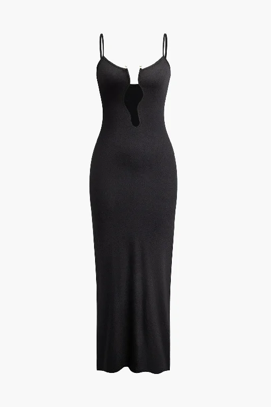 Pearl Detail V-neck Slip Knit Maxi Dress