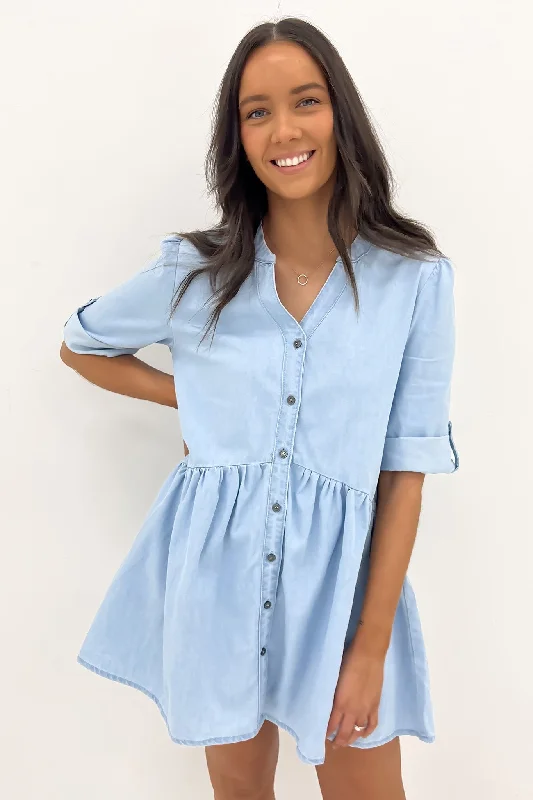 Niomie Denim Mini Dress Light Blue Fashionable Party Mini Dress