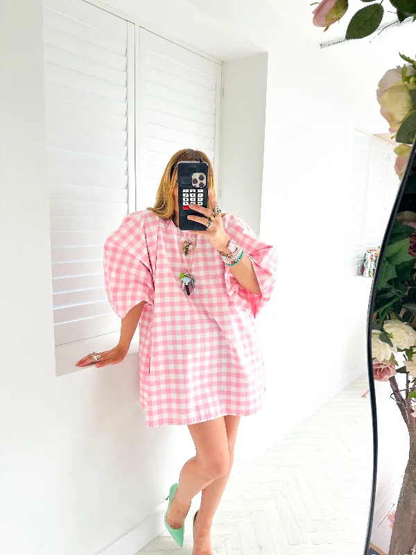 Olivia Puff Sleeve Mini Dress In Pink Gingham