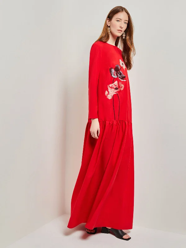 Placed Floral Drop Waist Twill Maxi Dress