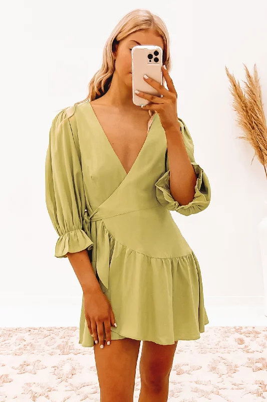 Rachel Mini Dress Sage Elegant Off-Shoulder Dress Mini