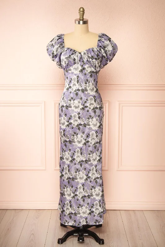 Rhosyn Lavender | Floral Satin Maxi Dress Fashionable Maxi Dress with Fringe