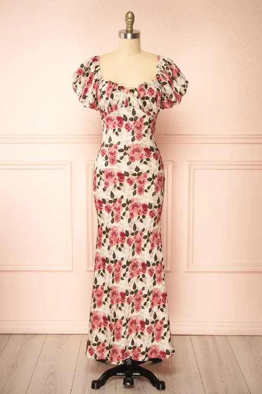 Rhosyn Pink | Floral Satin Maxi Dress Trendy Button Front Maxi Dress