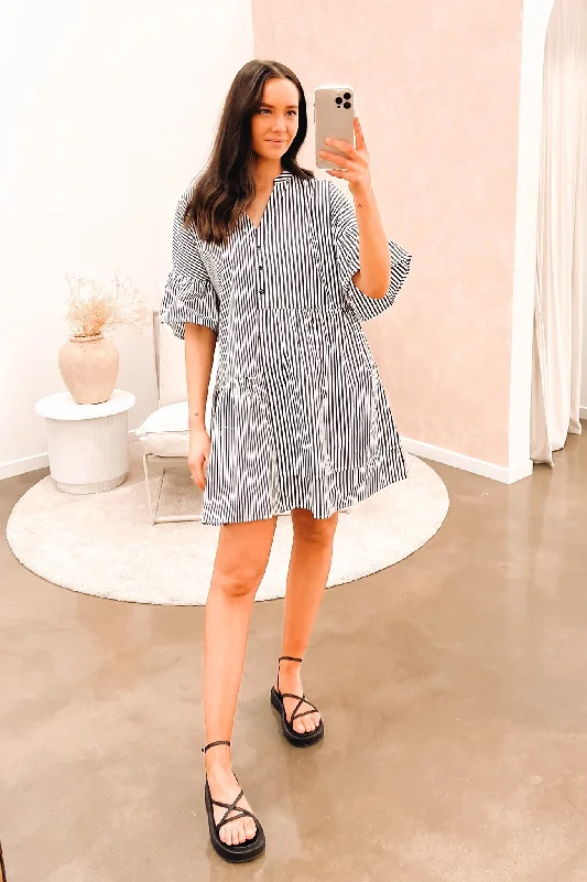 Rochelle Mini Dress Black Stripe Chic Halter Mini Dress