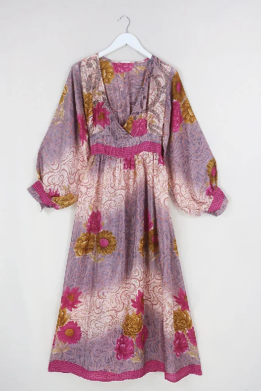 Rosemary Maxi Dress - Vintage Indian Sari - Dusky Flower Ombre - Size XS/S Elegant Tiered Maxi Dress Rosemary Maxi Dress - Vintage Indian Sari - Dusky Flower Ombre - Size XS/S Elegant Tiered Maxi Dress
