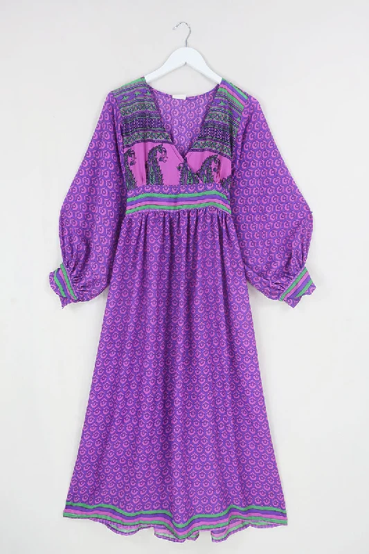 Rosemary Maxi Dress - Vintage Indian Sari - Fuchsia & Sapphire Flower Motif - Size XS/S Cozy Knitted Maxi Dress Rosemary Maxi Dress - Vintage Indian Sari - Fuchsia & Sapphire Flower Motif - Size XS/S Cozy Knitted Maxi Dress