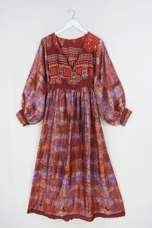 Rosemary Maxi Dress - Vintage Indian Sari - Lilac Lotus & Brown Sugar Abstract - Size XS/S Stylish Boho Maxi Dress Rosemary Maxi Dress - Vintage Indian Sari - Lilac Lotus & Brown Sugar Abstract - Size XS/S Stylish Boho Maxi Dress