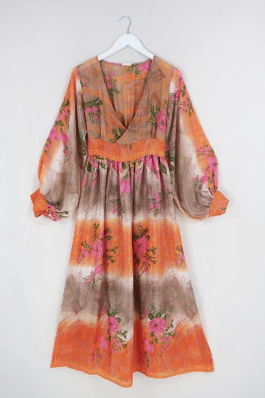 Rosemary Maxi Dress - Vintage Indian Sari - Soft Sunset Flowers - Size XS/S Comfortable Maxi Dress with Slits Rosemary Maxi Dress - Vintage Indian Sari - Soft Sunset Flowers - Size XS/S Comfortable Maxi Dress with Slits