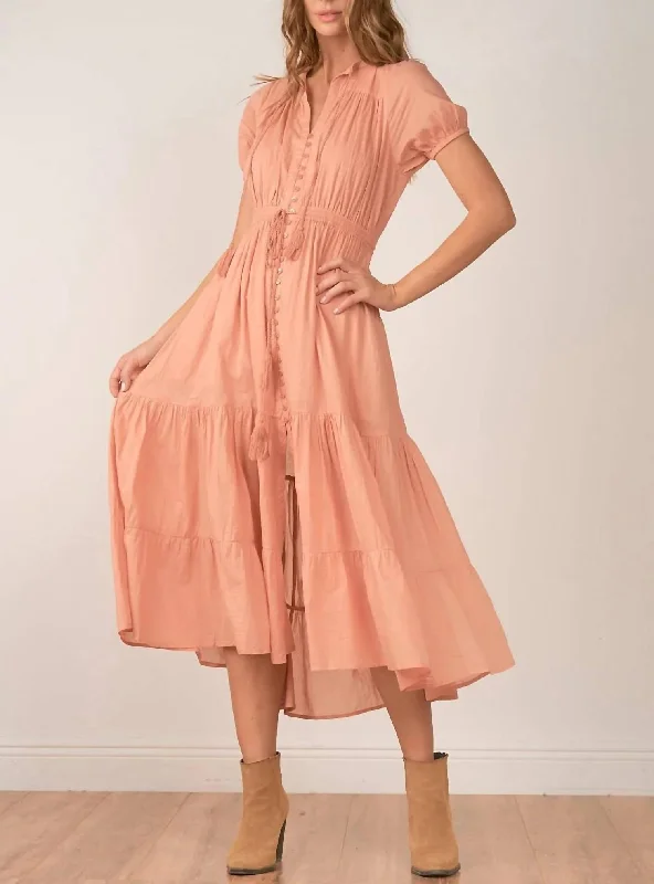 SHORT SLEEVE BUTTON UP MAXI DRESS in Dusty Rose