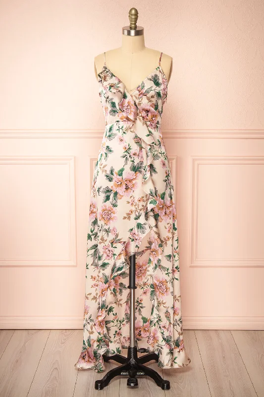 Veleda Taupe | Floral Maxi Dress with Ruffles Fashionable Off-Shoulder Maxi Dress