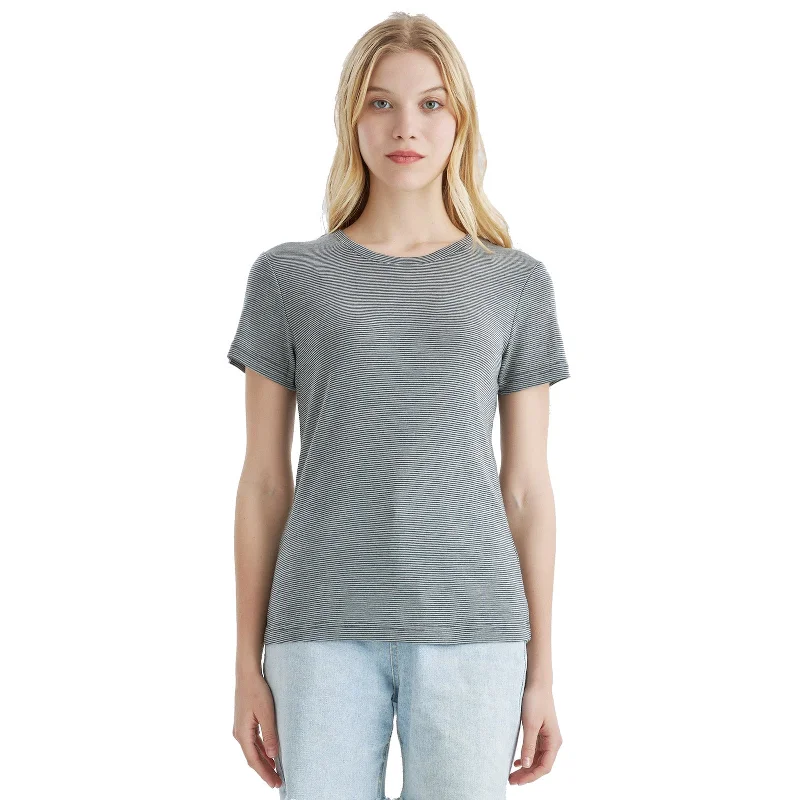 Women’s 100% Merino Wool T-Shirt Dusty Teal Stripes - MT34 Graphic Embroidered Appliqued Women’s 100% Merino Wool T-Shirt Dusty Teal Stripes - MT34 Graphic Embroidered Appliqued