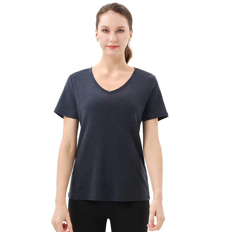 Women’s 100% Merino Wool V Neck T-Shirt Black Grey Stripes - MT35 Hooded Caped Shawl Collar Women’s 100% Merino Wool V Neck T-Shirt Black Grey Stripes - MT35 Hooded Caped Shawl Collar