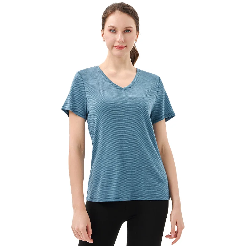 Women’s 100% Merino Wool V Neck T-Shirt Blue Grey Stripes - MT35 Casual Formal Business Women’s 100% Merino Wool V Neck T-Shirt Blue Grey Stripes - MT35 Casual Formal Business