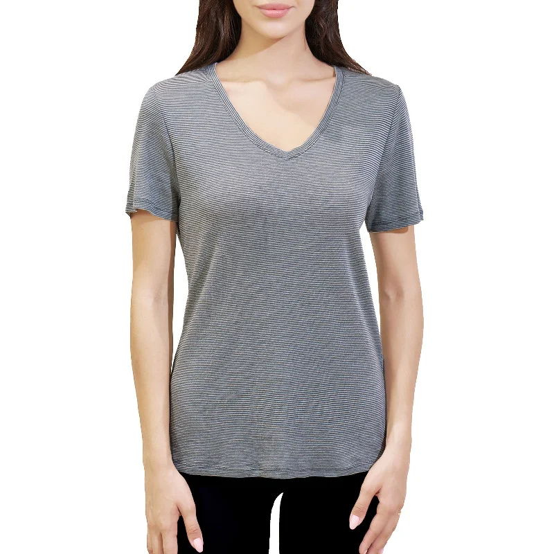 Women’s 100% Merino Wool V Neck T-Shirt Dusty Teal Stripes - MT35 Silk Blend Satin Velvet Women’s 100% Merino Wool V Neck T-Shirt Dusty Teal Stripes - MT35 Silk Blend Satin Velvet