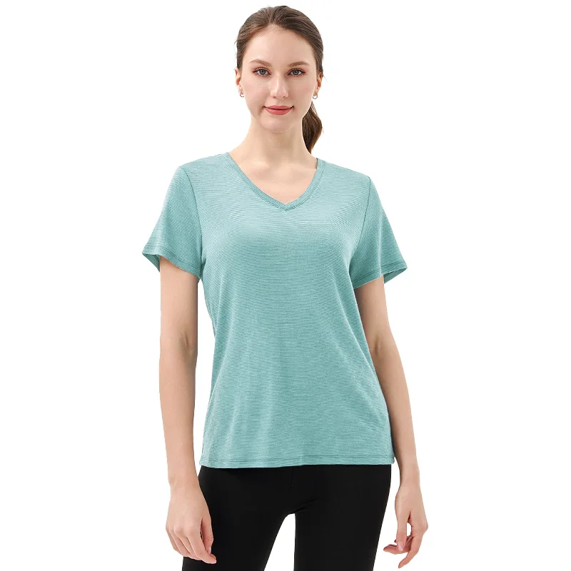 Women’s 100% Merino Wool V Neck T-Shirt Light Dusty Teal Stripes - MT35 Welt Pockets Slit Pockets Women’s 100% Merino Wool V Neck T-Shirt Light Dusty Teal Stripes - MT35 Welt Pockets Slit Pockets