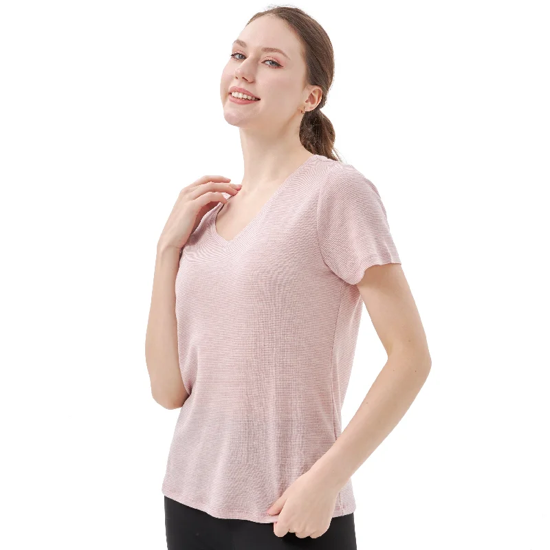 Women’s 100% Merino Wool V Neck T-Shirt Pink White Stripes - MT35 Wool Fabric Cashmere Fabric Tweed Fabric Women’s 100% Merino Wool V Neck T-Shirt Pink White Stripes - MT35 Wool Fabric Cashmere Fabric Tweed Fabric