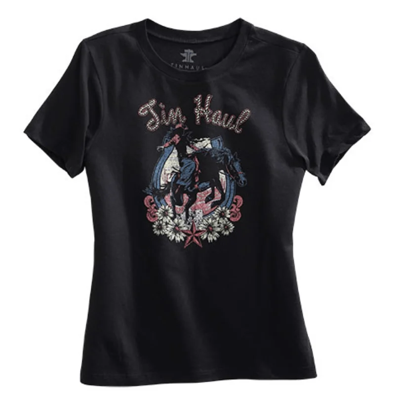 Tin Haul Women's Bucking Cowgirl Black Floral Horse Shoe Graphic T-Shirt 10-039-0501-0932 BL