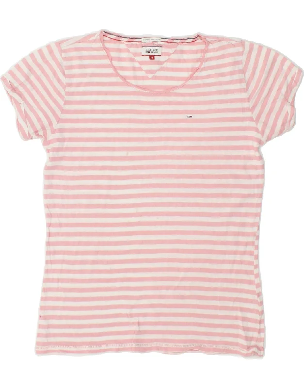 TOMMY HILFIGER Womens T-Shirt Top UK 12 Medium Pink Striped Cotton