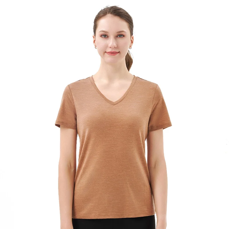 Women’s 100% Merino Wool V Neck T-Shirt Caramel - MT10 Lace Blend Ribbed Blend Corduroy Blend Women’s 100% Merino Wool V Neck T-Shirt Caramel - MT10 Lace Blend Ribbed Blend Corduroy Blend
