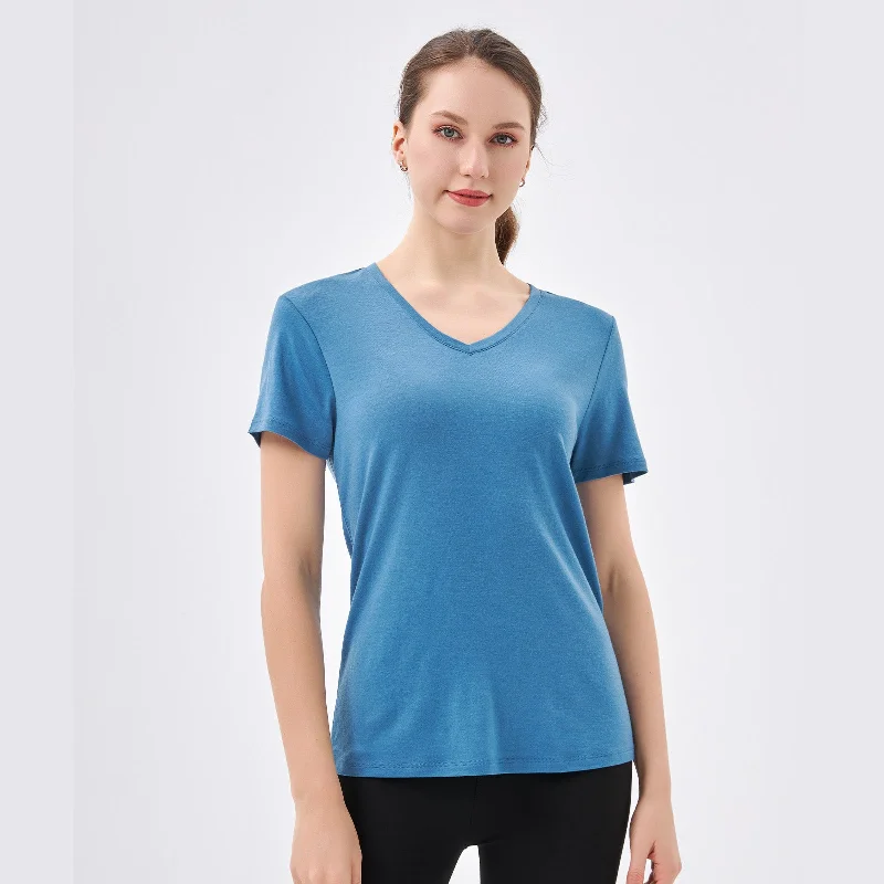 Women’s 100% Merino Wool V Neck T-Shirt Lake blue - MT10 Graphic Embroidered Appliqued Women’s 100% Merino Wool V Neck T-Shirt Lake blue - MT10 Graphic Embroidered Appliqued