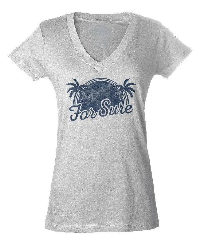 Women's For Sure Vneck T-Shirt - LA California Beach Vacation Palm Trees Asymmetrical Pockets Print Women's For Sure Vneck T-Shirt - LA California Beach Vacation Palm Trees Asymmetrical Pockets Print