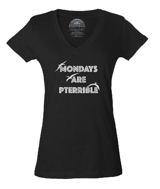Women's Mondays Are Pterrible Vneck T-Shirt - Funny Dinosaur Shirt Notch Collar Peter Pan Collar Cowl Neck Women's Mondays Are Pterrible Vneck T-Shirt - Funny Dinosaur Shirt Notch Collar Peter Pan Collar Cowl Neck