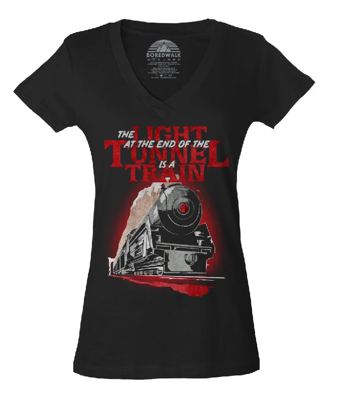 Women's The Light at The End of The Tunnel is a Train Vneck T-Shirt Spandex Blend Rayon Blend Denim Blend Women's The Light at The End of The Tunnel is a Train Vneck T-Shirt Spandex Blend Rayon Blend Denim Blend