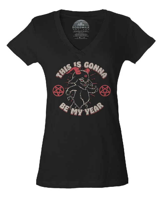 Women's This is Gonna Be My Year Devil Vneck T-Shirt Fleece Fabric Down Fabric Feather Fabric Women's This is Gonna Be My Year Devil Vneck T-Shirt Fleece Fabric Down Fabric Feather Fabric