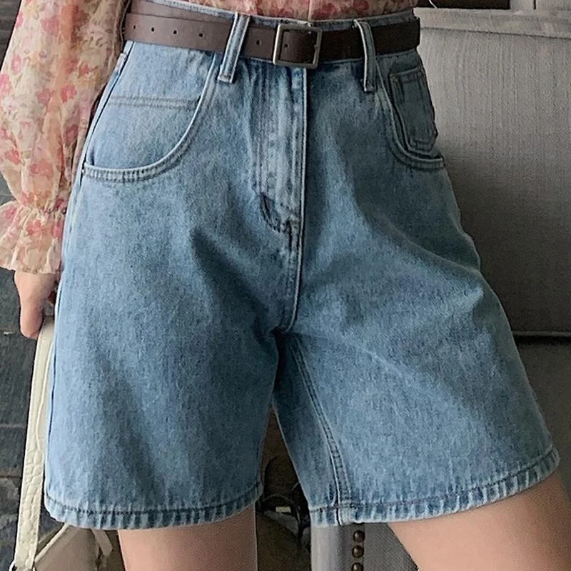 Women Denim Shorts High Waist Belted Loose Short Jeans Mom Shorts Chic Ripped Jeans